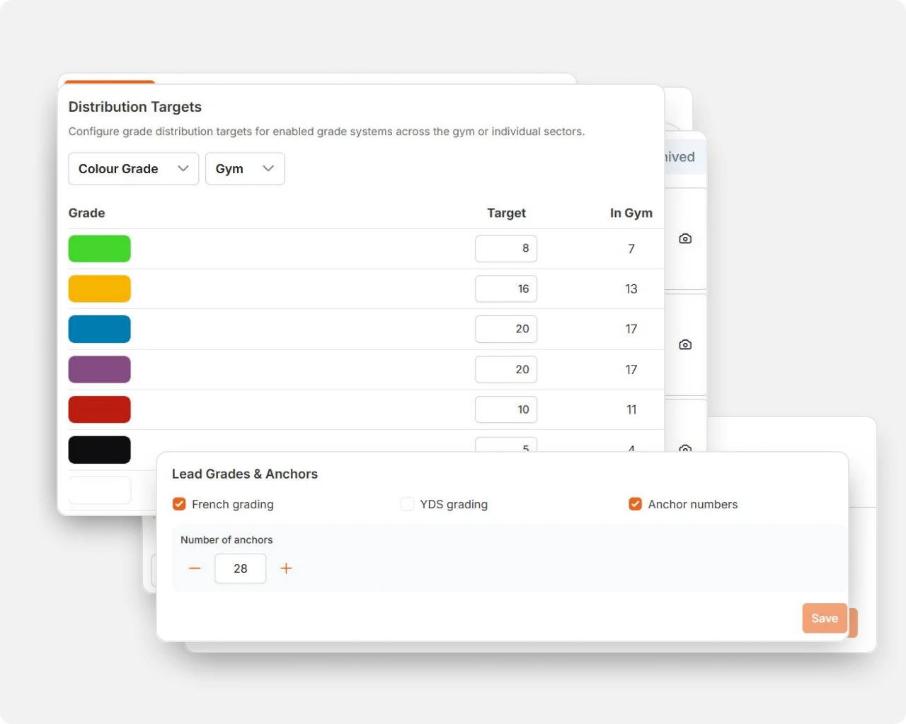 Gym settings for grade targets, hold colors and lead anchors